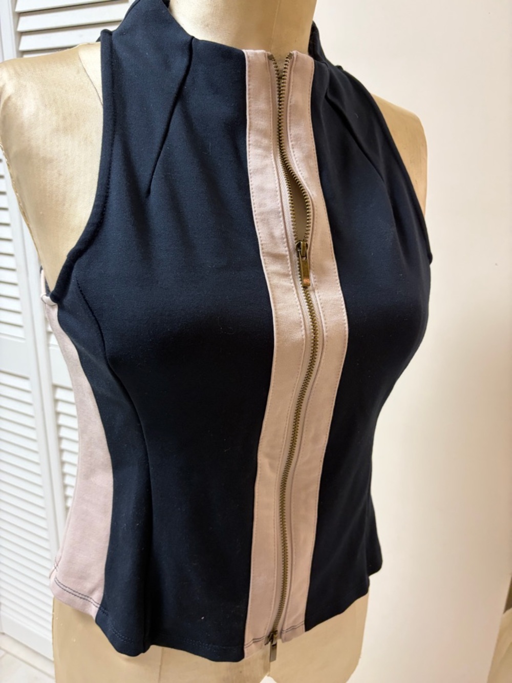 Anthropologie Black and Tan Zip-Front Sleeveless Tank